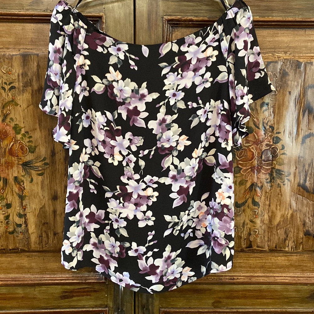 WHBM Off the Shoulder Purple and Black Floral Blouse
